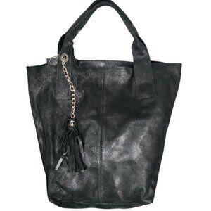 Borse In Pelle Made In Italy Black Genuine Leather Tote Bag With Tassel & Pouch